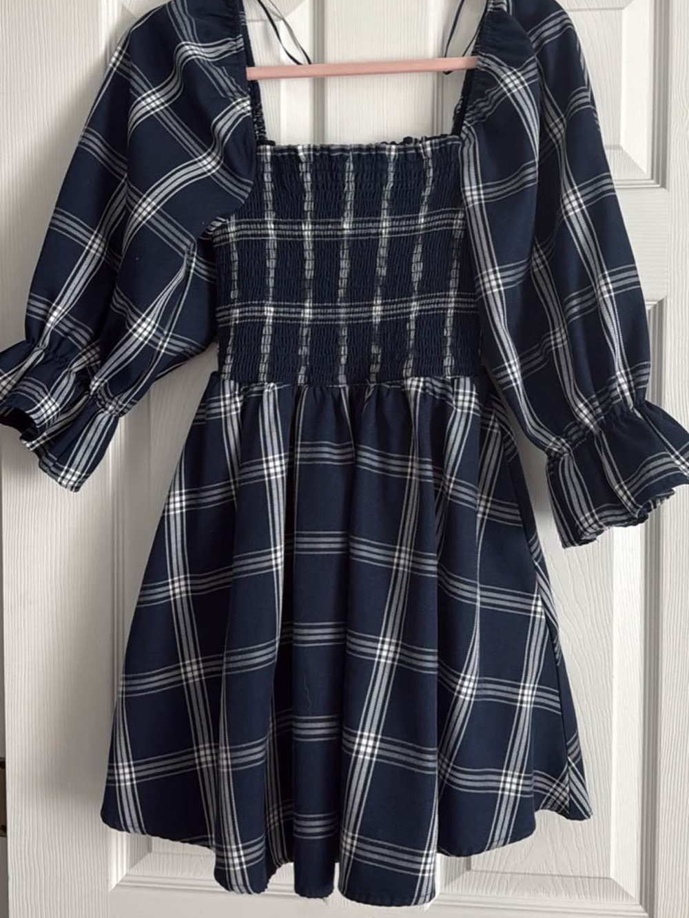 Francesca's Collections Navy and White Plaid Smocked Mini Dress